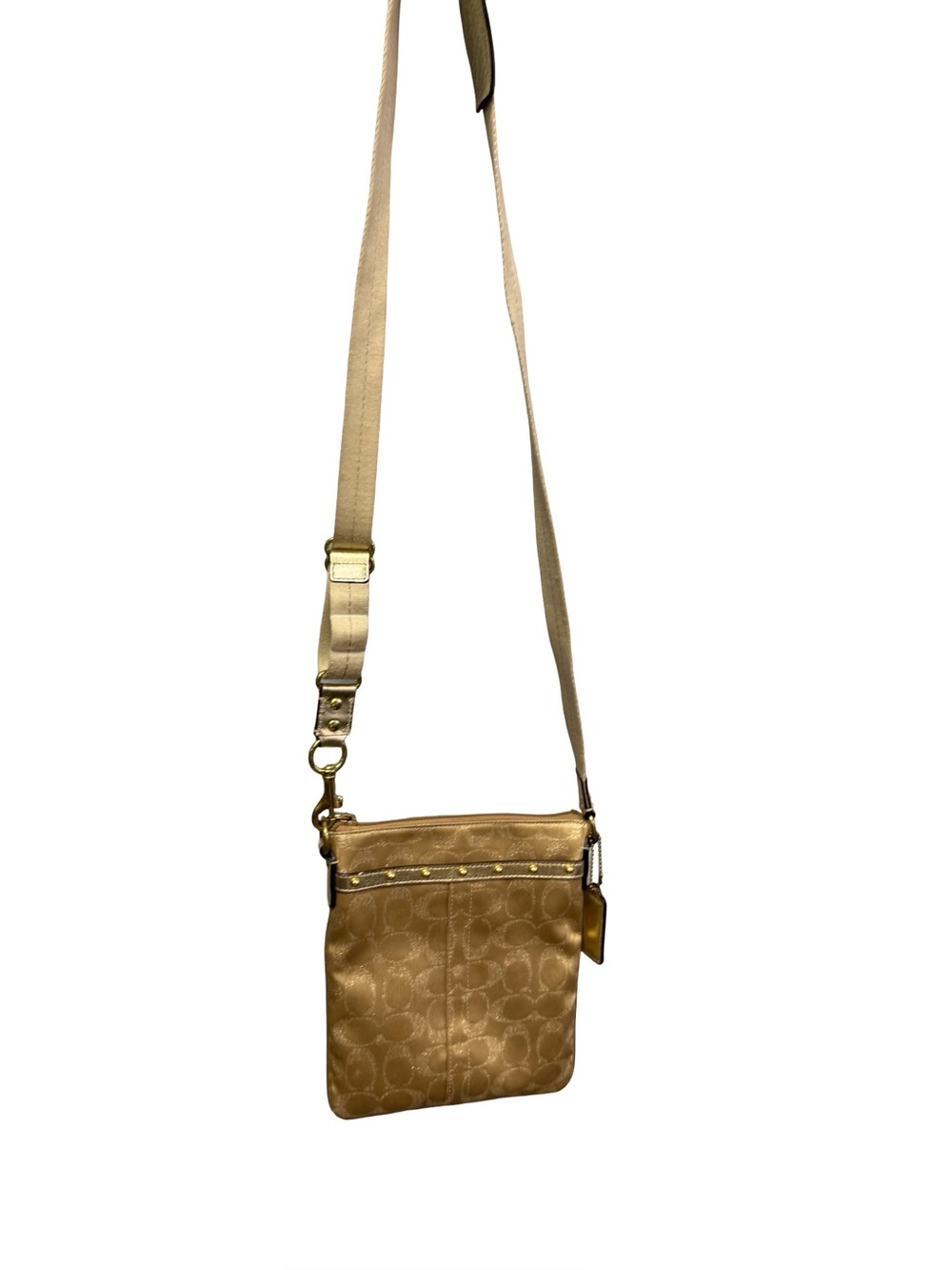 1619 / Coach Signature Lurex Studded Metallic Gold Crossbody Size 7”x8”